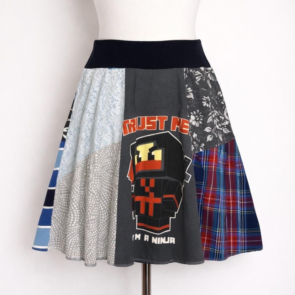 Upcycled Patchwork Skirt One of a Kind SpongeBob Minecraft Ninja Artwear Boho - Picture 2 of 9